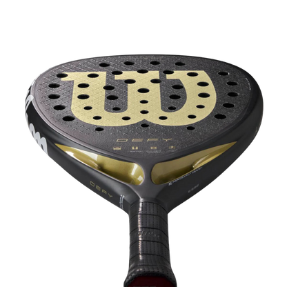 Black and gold tennis racket head with Wilson logo on a white background