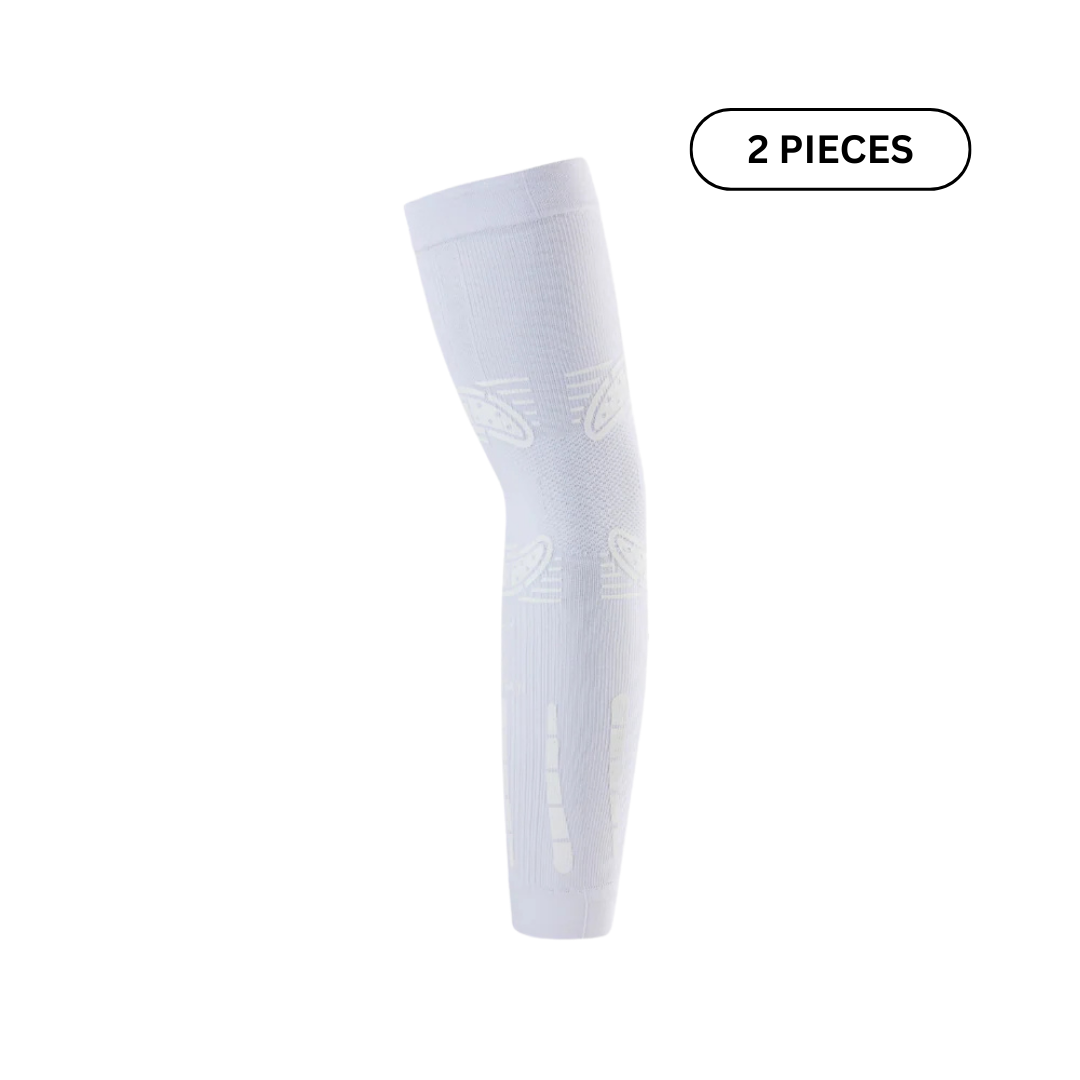 White compression sleeve with brand logo on a white background