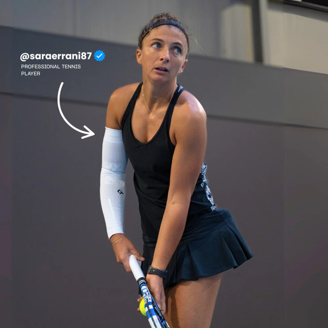 Professional tennis player in action with branding overlay