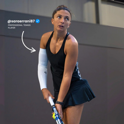 Professional tennis player in action with branding overlay