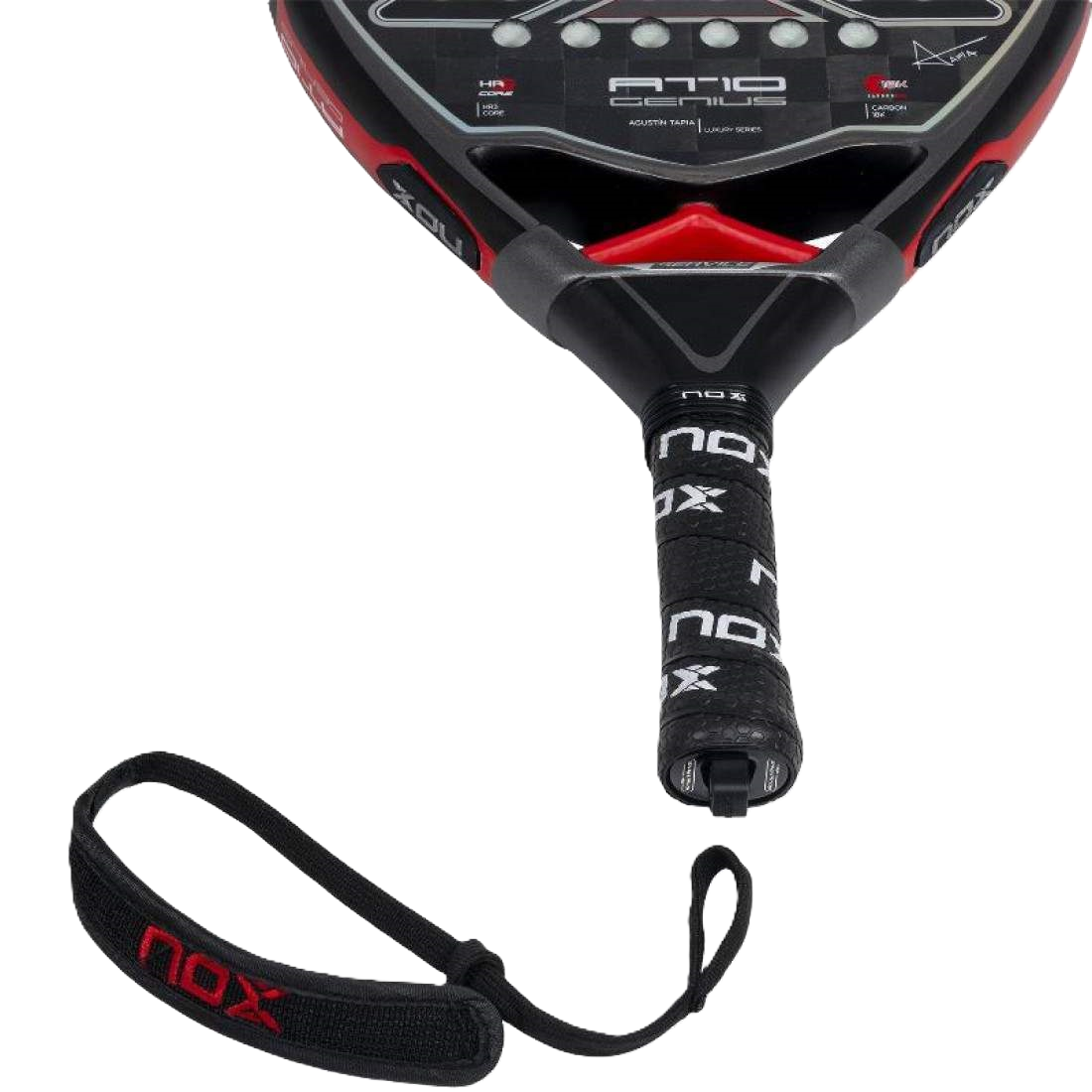 Paddle with black and red design on a white background