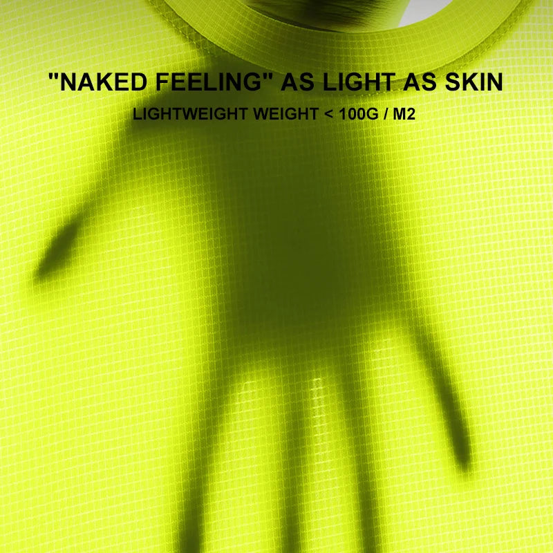 Yellow fabric with text 'Naked Feeling as Light as Skin' and 'Lightweight Weight < 100g/m2'.