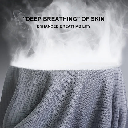 Text 'DEEP BREATHING OF SKIN' and 'ENHANCED BREATHABILITY' over a textured fabric with smoke effect.