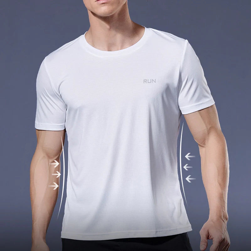 Person wearing a white athletic shirt with 'RUN' text on a dark background
