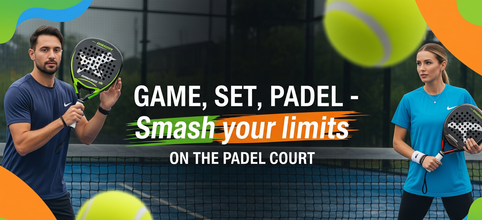Two people holding padel rackets with promotional text on a padel court background